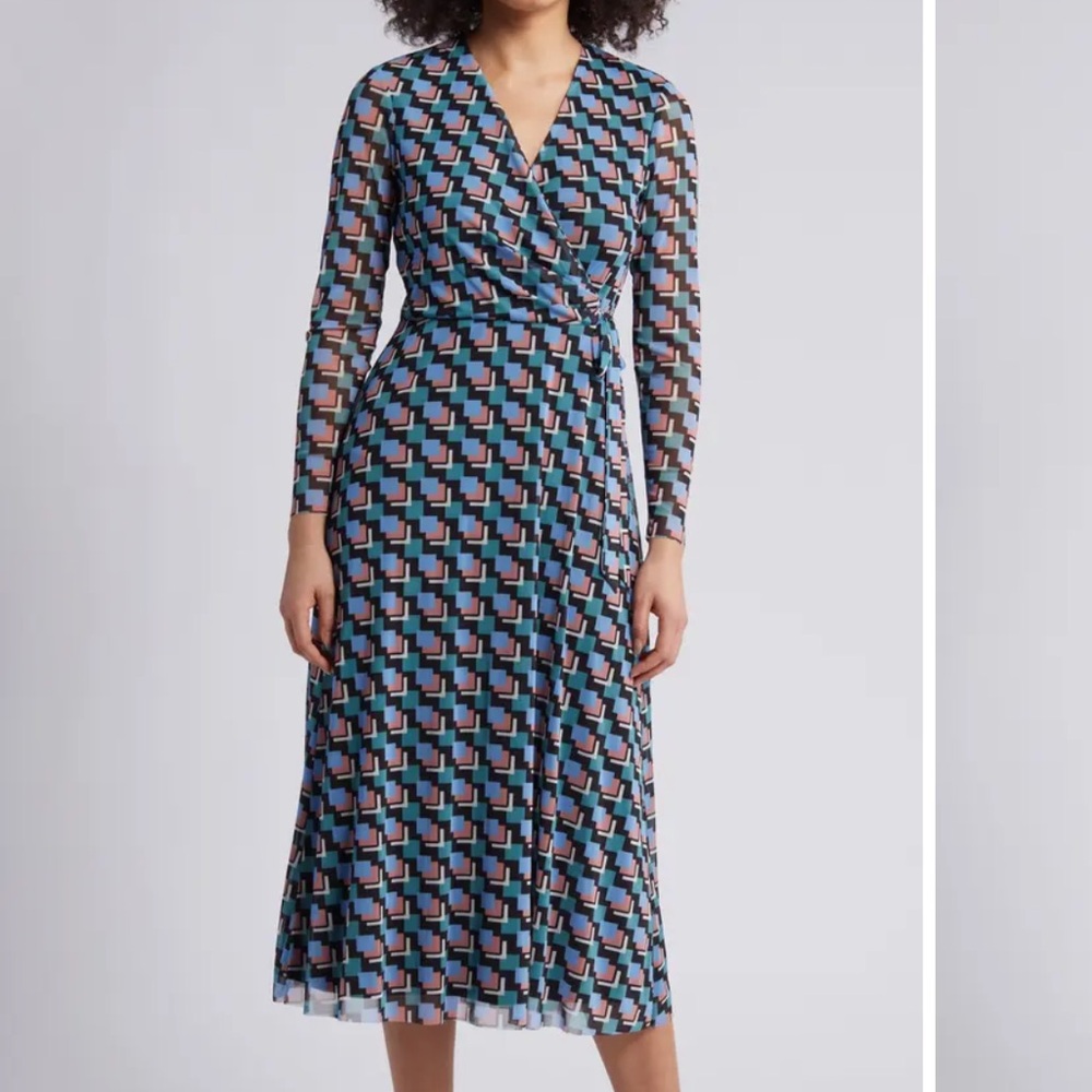 Anne Klein Geo Print Long Sleeve Faux Wrap Midi Dress NEW